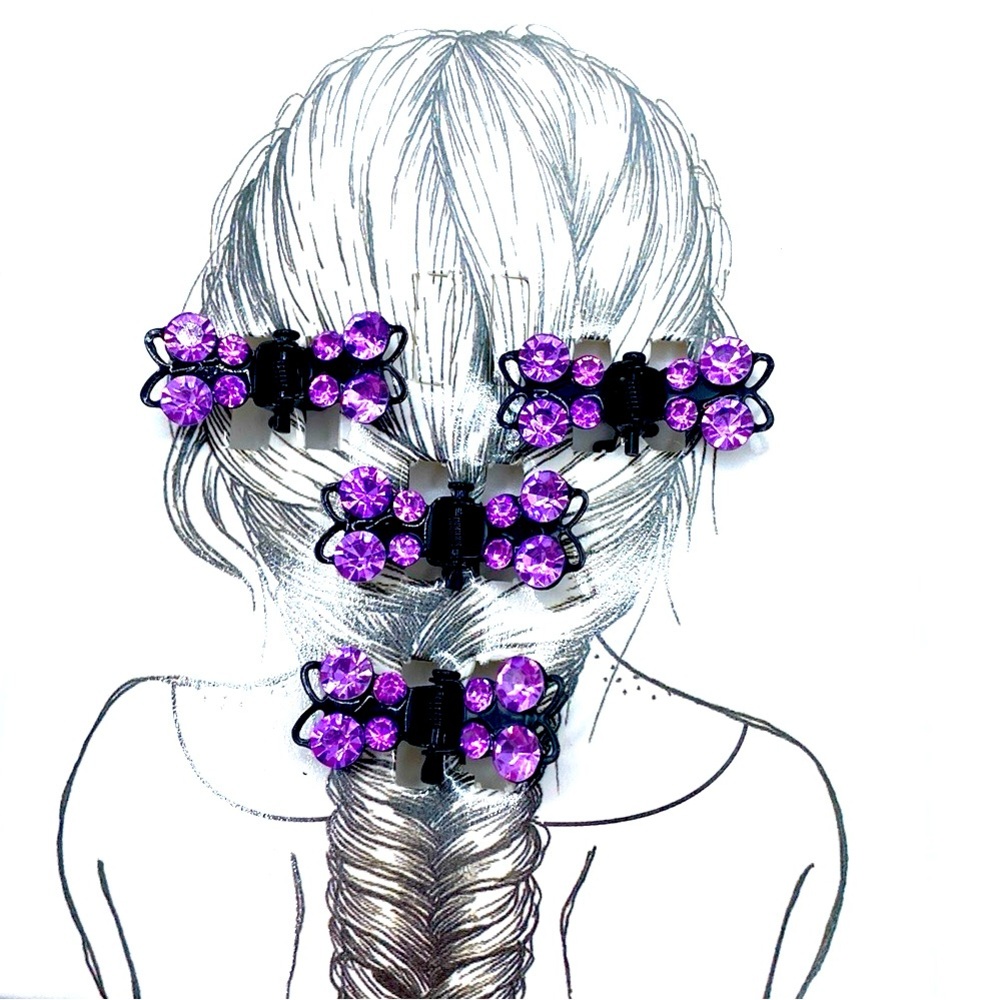 Hair Clips Set Of 4 Purple Rhinestone Butterfly Mini Claws Updos